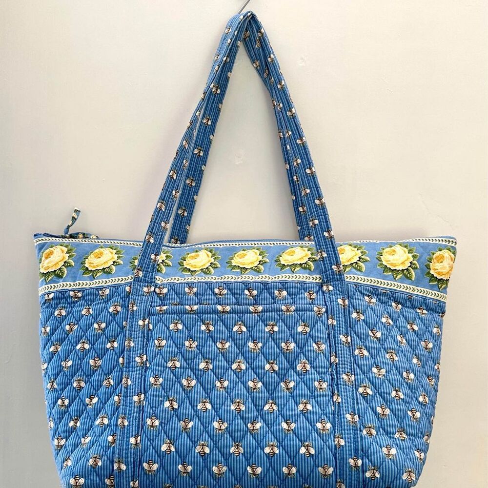 Vera Bradley Large Blue Shoulder Tote Bag Bumble Bees & Yellow Roses